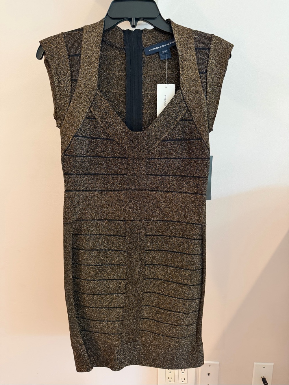 Metallic Bronze Bandage Dress - V-Neck Bodycon